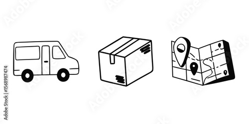 Minimalist delivery service icons featuring vans and boxes for logistics and shipping