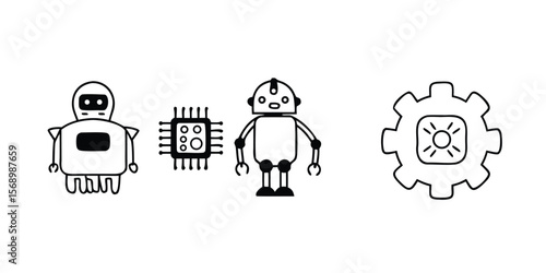 Modern robotics and ai icon set featuring bots chips and gears