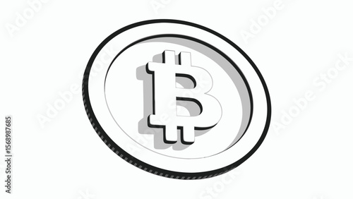 White bitcoin coin with black outline and shadow effect on a white background illustration image