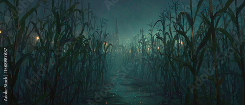 Valokuva Eerie nighttime exploration in a cornfield mysterious atmosphere dark environmen