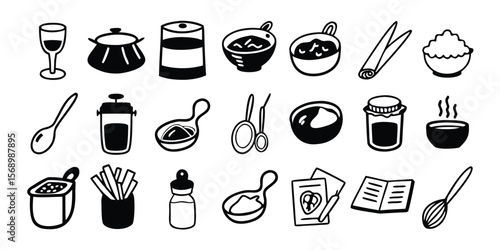 Monochrome collection of 40 cooking icons featuring spoons pots and ingredients