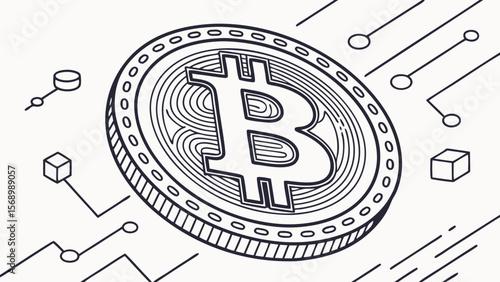 Outlined bitcoin coin with circuit board elements in a black and white digital illustration style