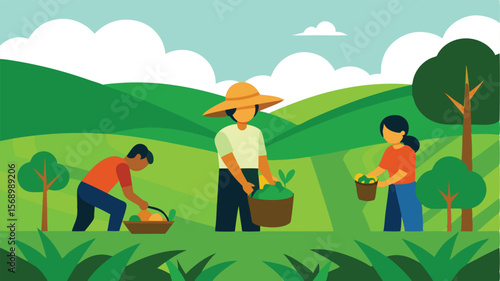  family of farmers harvesting crops in a lush vector art