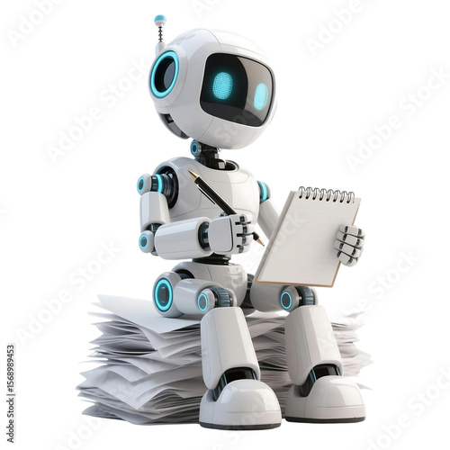 A cute AI robot character performing various business and finance activities, GPT chatbot icon. Artificial intelligence, trendy technology, support service, funny automation computer