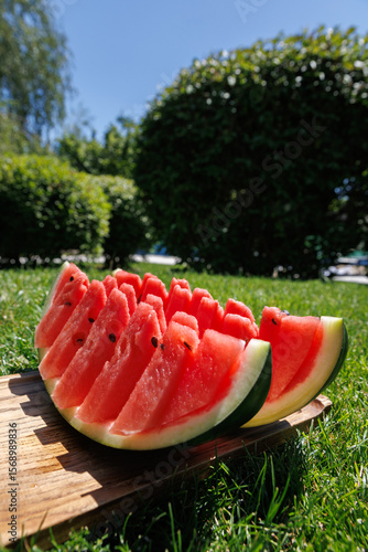 Juicy slices of ripe watermelon arranged on green grass, capturing the essence of summer freshness. The vibrant red fruit with black seeds contrasts beautifully with the natural outdoor background, ev