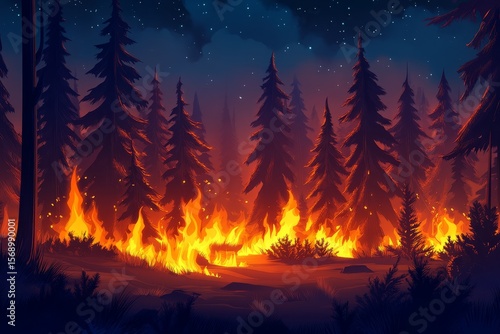 Night forest fire, flames, starry sky