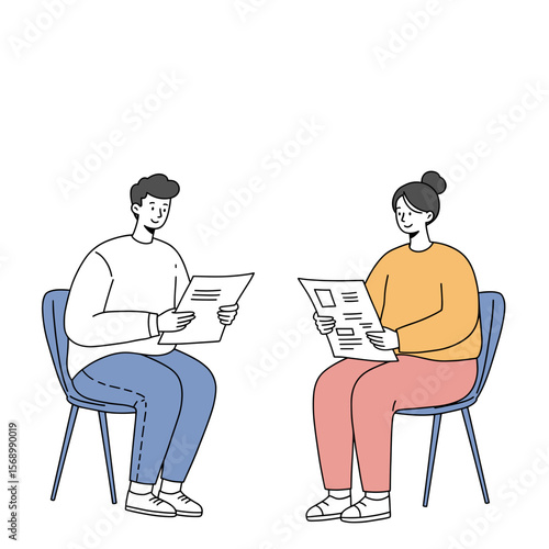 Two people sitting and reading documents on chairs indoors  