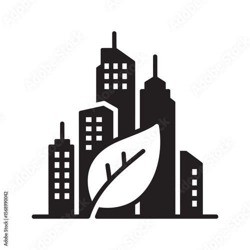 Green city icon with eco friendly architecture and leaf on a modern urban skyline for sustainable development and environmental building vector solid glyph