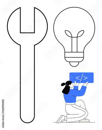 Giant wrench, light bulb symbolizing creativity, and person coding on a laptop. Ideal for technology, innovation, development, coding, problem-solving, teamwork simple landing page