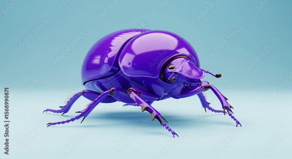 Naklejka premium Stylized 3d render of a shiny purple beetle insect on a blue background, a colorful and modern artistic representation of a scarab or dung beetle