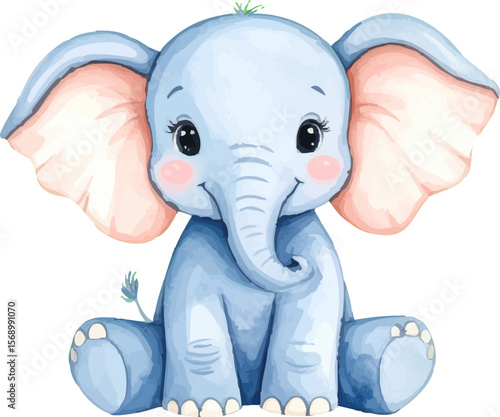 Cute little blue elephant cartoon character with pink ears. Vector illustration.
