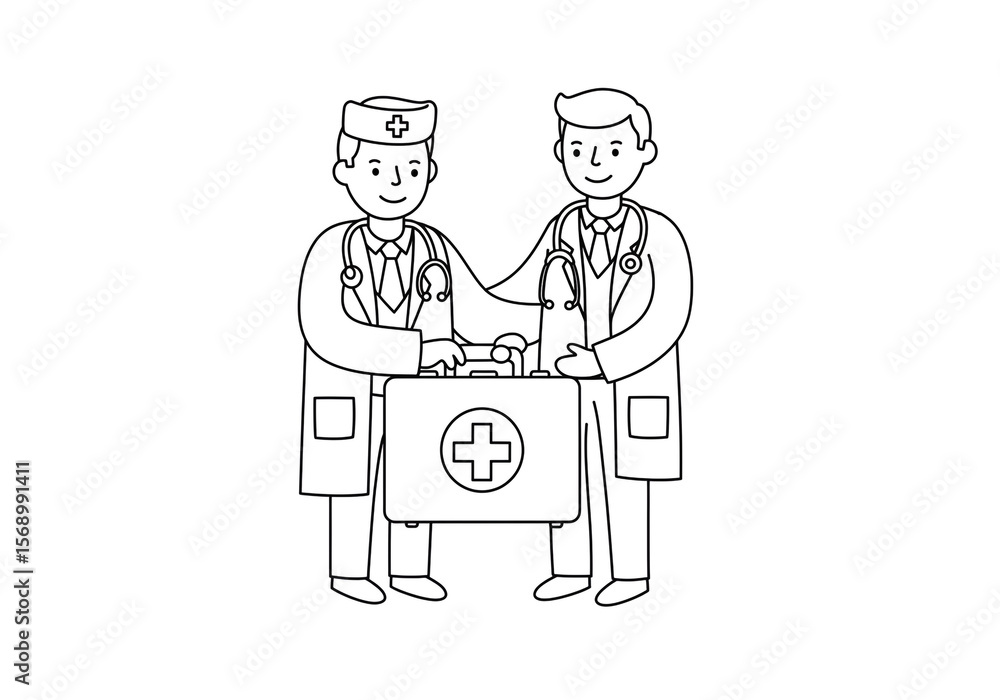 Two doctors standing with a first aid kit in a line drawing on a white background illustration Two doctors standing with a first aid kit in a line drawing on a white background illustration