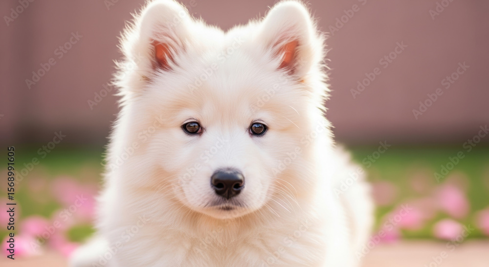 Fluffy white puppy sitting outdoors with soft fur and upright ears, surrounded by pink flower petals on green grass Fluffy white puppy sitting outdoors with soft fur and upright ears, surrounded by pink flower petals on green grass