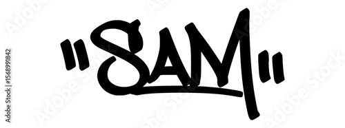 Graffiti tag text “Sam” in bold hand-drawn street art style. Urban vector lettering with a personal vibe, perfect for custom designs, fashion, and merchandise.