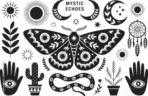  Bohemian Mystical Symbol  sun, moon, snake, butterfly, cactus, vector Bundle