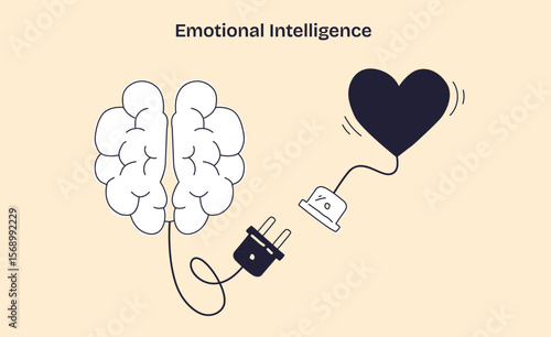 Emotional Intelligence shows a brain and heart connected by a power plug, symbolizing the link between emotion and logic. Doodle style diagram