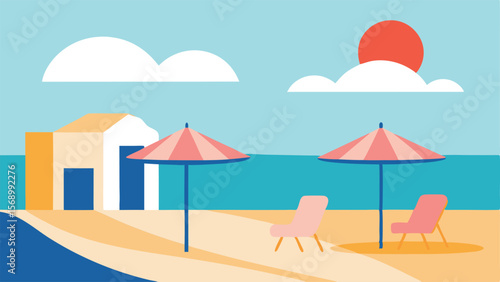 beach with umbrella and chairs