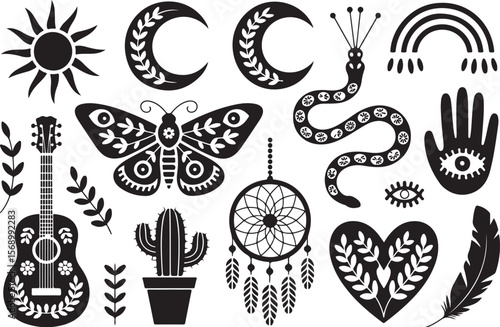 Bohemian Mystical Symbol  sun, moon, snake, butterfly, cactus, vector Bundle