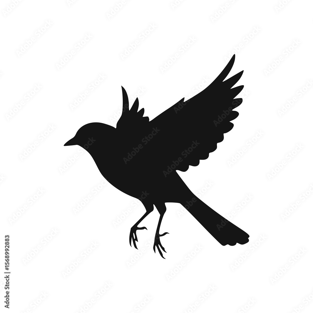 Obraz premium Silhouette of a small bird in flight, wings outstretched, legs extended.