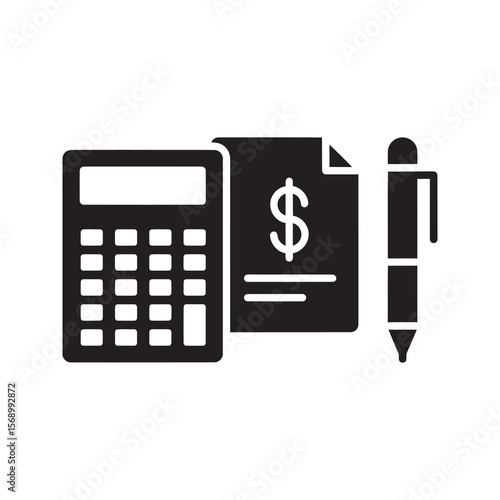 Financial accounting icon with calculator bill and pen for bookkeeping budget planning expense tracking and business calculation tasks vector solid glyph