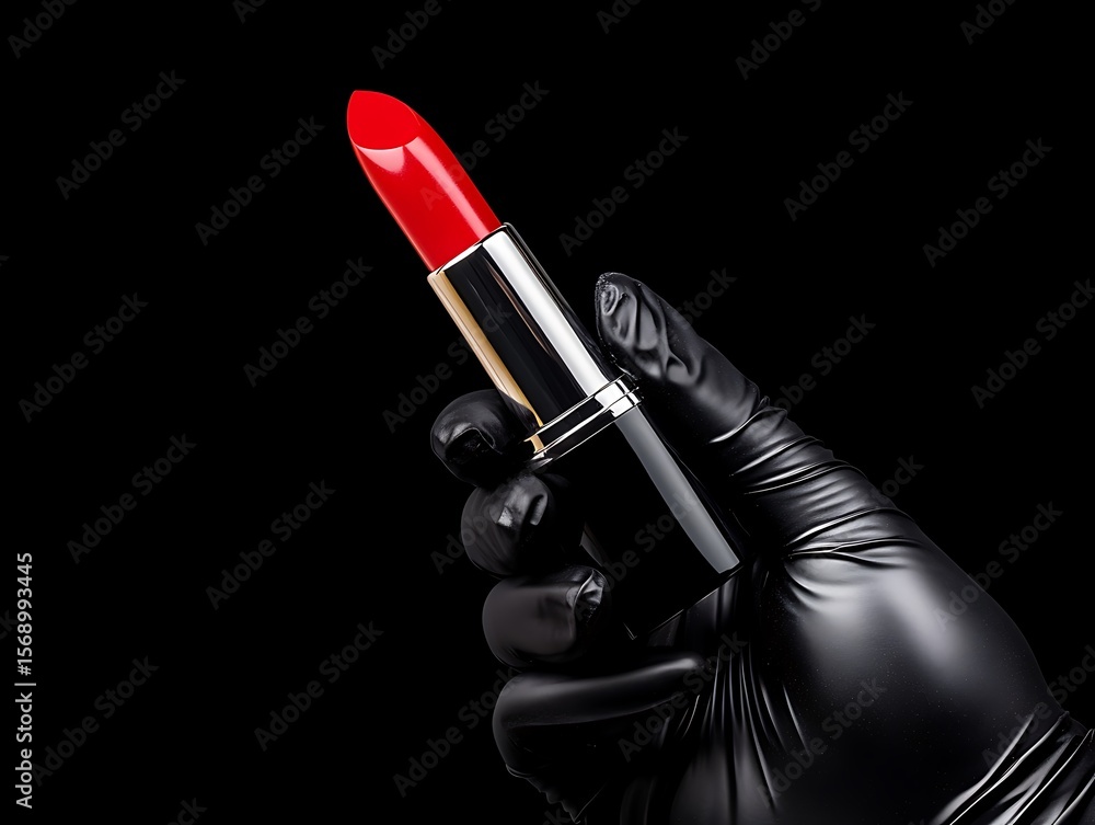 Naklejka premium Bold red lipstick application studio setting cosmetic photography black background close-up view beauty concept