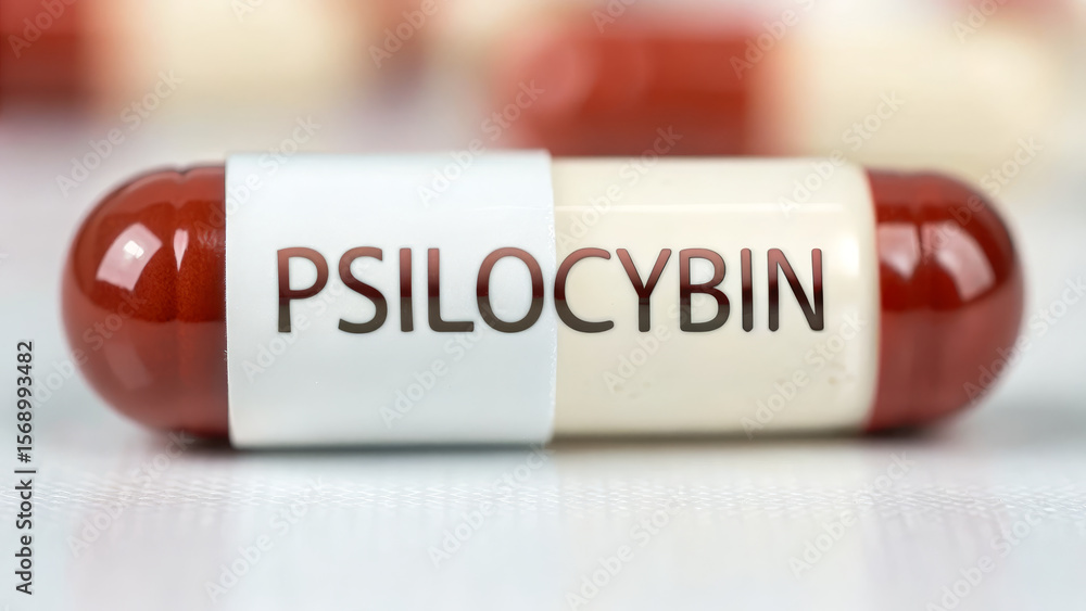 Obraz premium Psilocybin concept ,Psilocybin capsule close up with red and white colors white surface, showing clear text and smooth texture