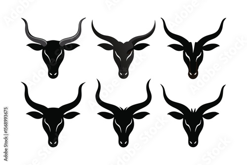 set of long horn silhouette vector on white background