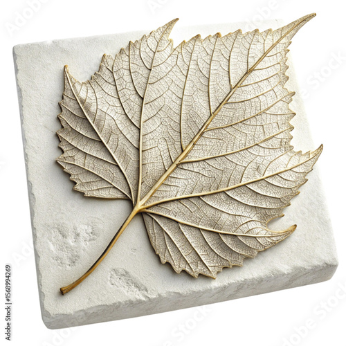 Fossilized leaf imprint on stone showing delicate texture and preserved natural shape