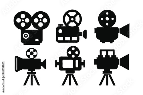 set of movie cameras black silhouette icon on white background