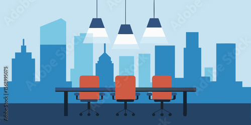 Modern office buildings with sleek architecture and urban design dominate the city skyline, featuring stylish interior furniture like chairs and tables in spacious rooms