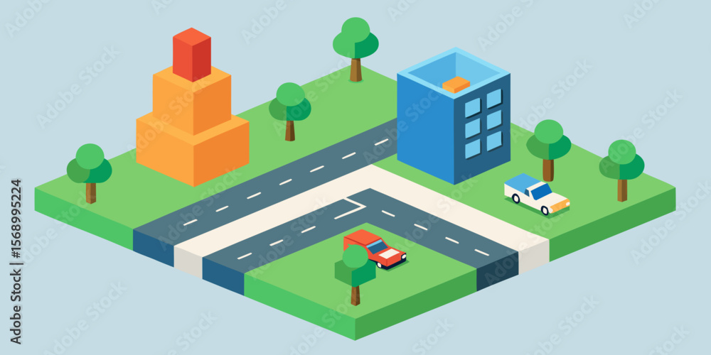 Vector isometric city illustration with urban buildings, residential homes, and business architecture design, showing streets and roads on a map Vector isometric city illustration with urban buildings, residential homes, and business architecture design, showing streets and roads on a map