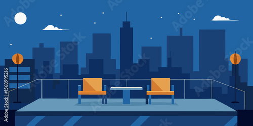 A stunning vector illustration of a sprawling night city skyline with towering skyscrapers and vibrant urban architecture under a deep blue sky