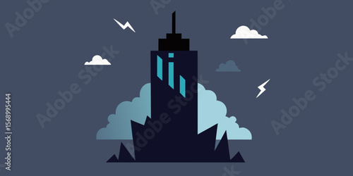 Vector illustration of a castle silhouette with towers against a night sky, suitable for themes like old European architecture, Halloween, or travel in a town landscape with moonlit clouds and water