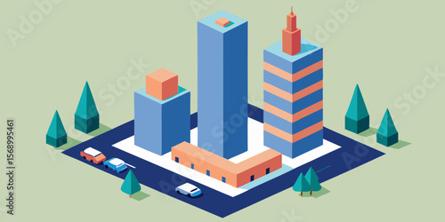 Abstract isometric city skyline vector illustration with buildings, homes, and urban street design elements