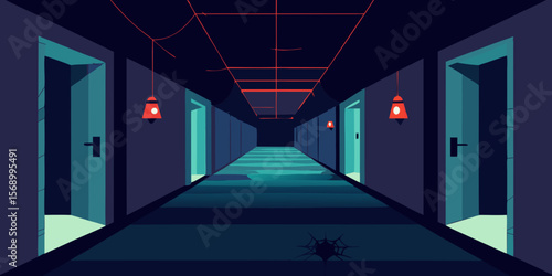 Empty long blue light tunnel corridor with a perspective of an illuminated hall
