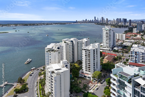 Aerial of the Deepwater Point and Aqua Apartments, looking South along Marine Parade and the Broadwater, Labrador towards Main Beach, Gold Coast, Queensland