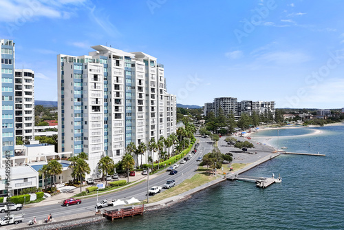 Aerial of the Deepwater Point Apartments, looking north along Marine Parade and the Broadwater, Labrador, Gold Coast, Queensland