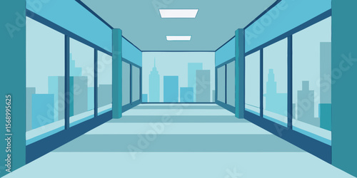 Empty, long blue office corridor with modern design and light