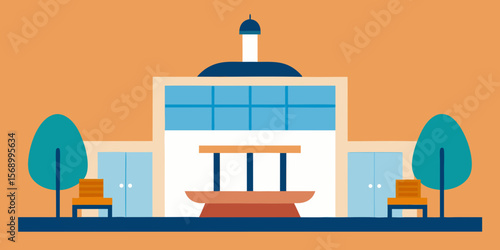 Vector illustration of a Greek island restaurant interior design with shelves and wooden furniture