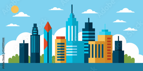 Abstract city skyline illustration: urban buildings and skyscrapers reaching into the sky, a modern architectural landscape design