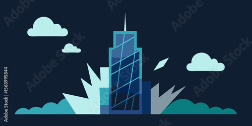 An urban vector illustration depicting a city skyline silhouette with diverse buildings, factory, and skyscraper architecture