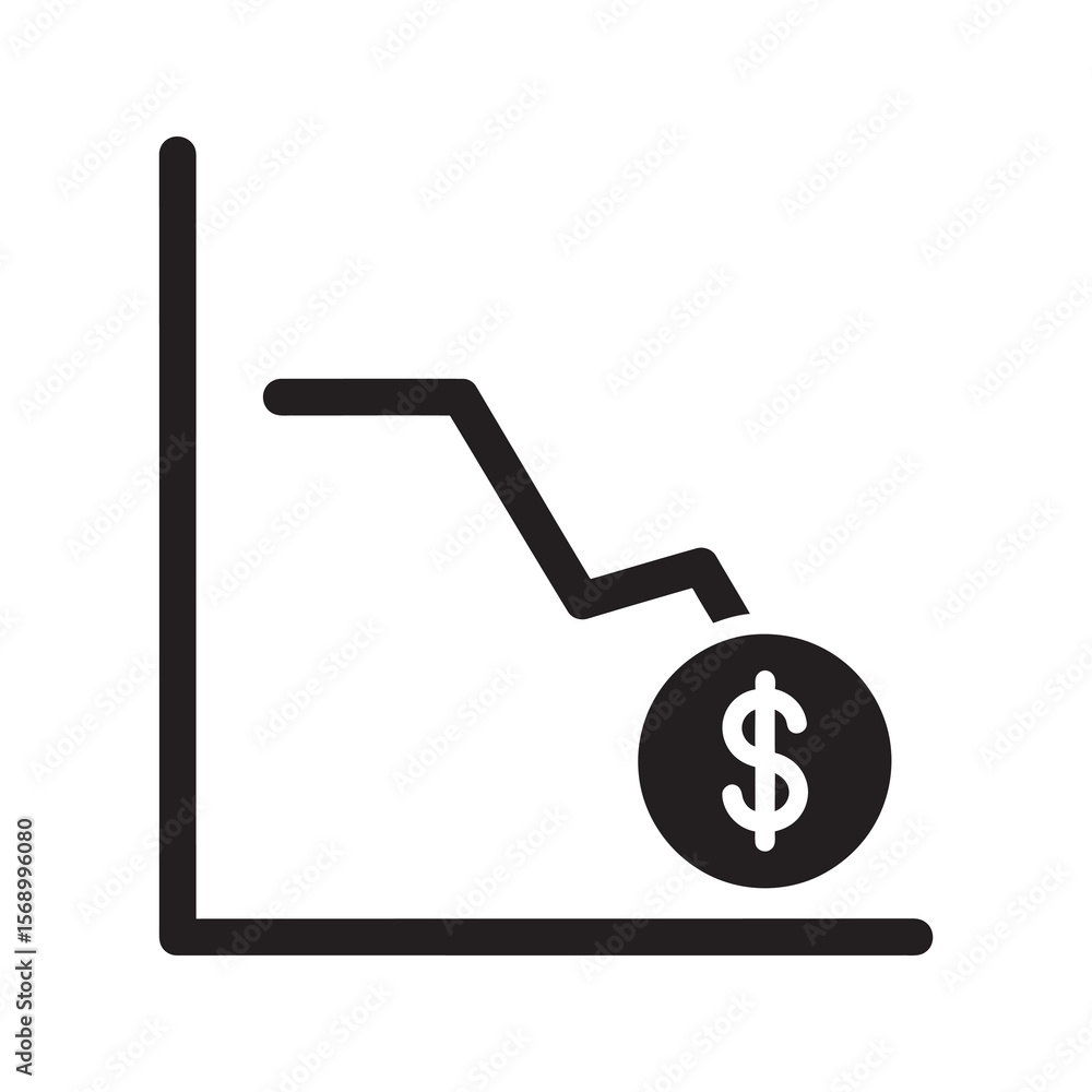 Financial loss icon with a money bag and a down arrow representing a budget cut cost reduction economic downturn and business recession vector solid glyph Financial loss icon with a money bag and a down arrow representing a budget cut cost reduction economic downturn and business recession vector solid glyph