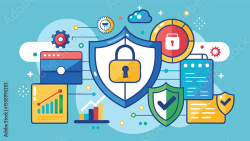 Various cybersecurity elements including shields, locks, and graphs are displayed together well here