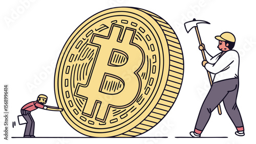 Two men working on a giant bitcoin one pushing and the other mining with a pickaxe illustration