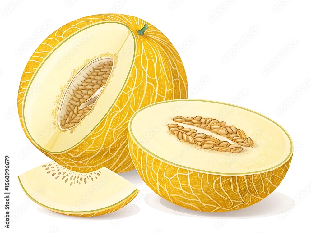 Illustration of a whole honeydew melon with a half and a slice on a white background showing seeds ai generated Illustration of a whole honeydew melon with a half and a slice on a white background showing seeds ai generated