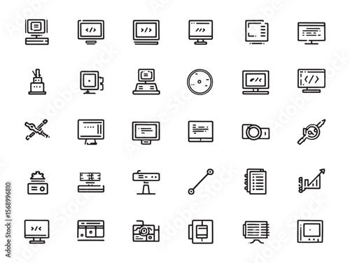 Modern coding screen line art vector for developers
