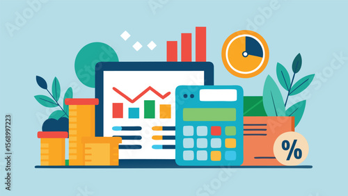 Illustration showing financial data on a screen with calculator and other related elements around it