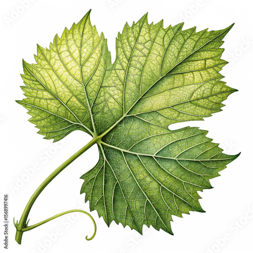 Grapevine leaf in lush green color with lobed structure and slight curvature on edges