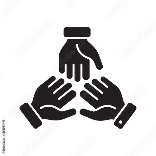 Teamwork collaboration icon with three hands together in unity representing a partnership support group and cooperative business strategy vector solid glyph