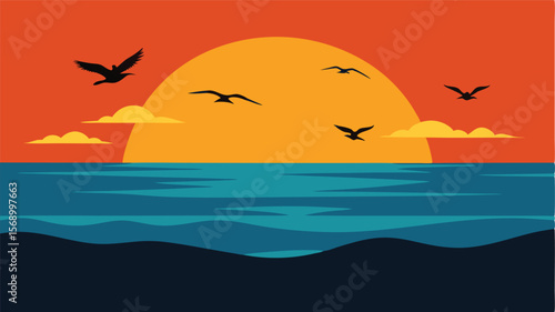 silhouettes of birds flying over a calm ocean landscape